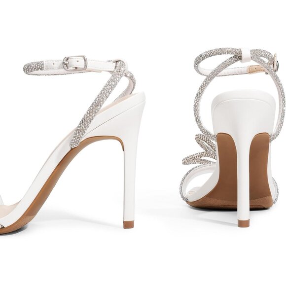 🆕 Women White Double Bowknots Crystal Sandals Clear Slingback Square Toe Heels - Picture 4 of 7